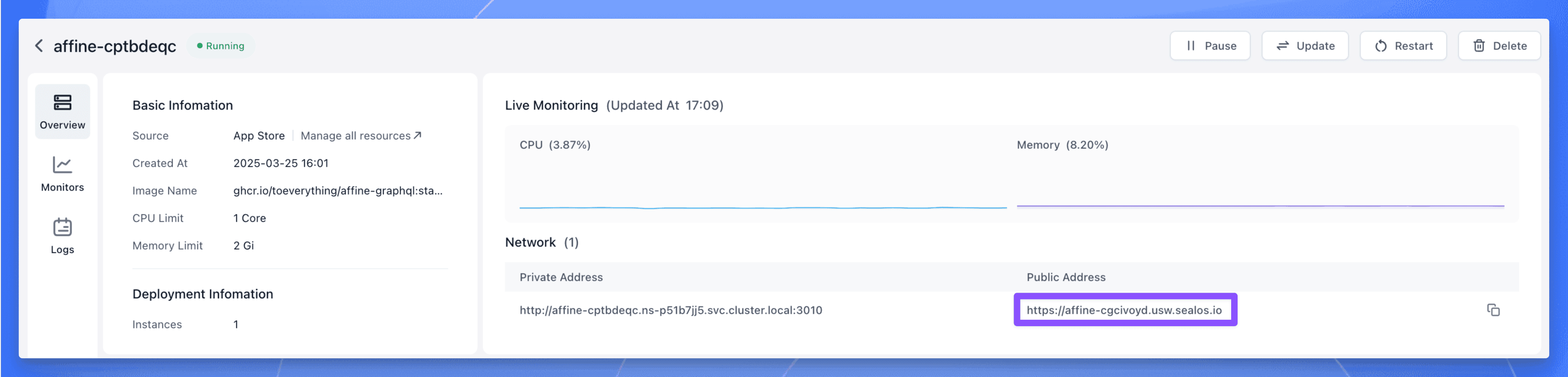 AFFINE instance details page with access information