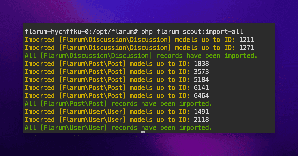 Terminal output showing the successful completion of the 'php flarum scout:import-all' command