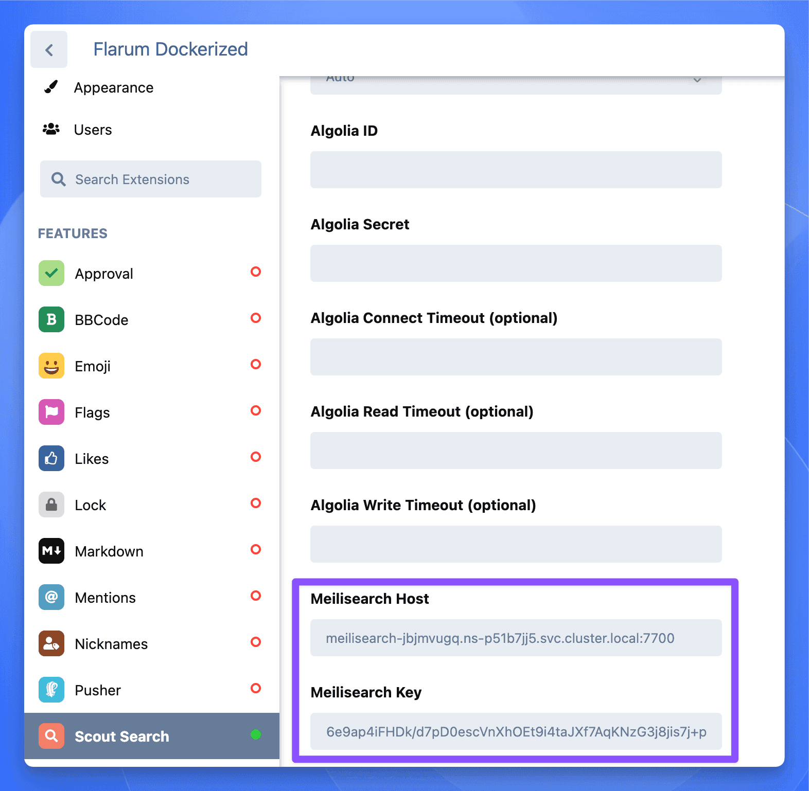 Scout extension settings within Flarum admin, showing fields for Meilisearch Host and Key