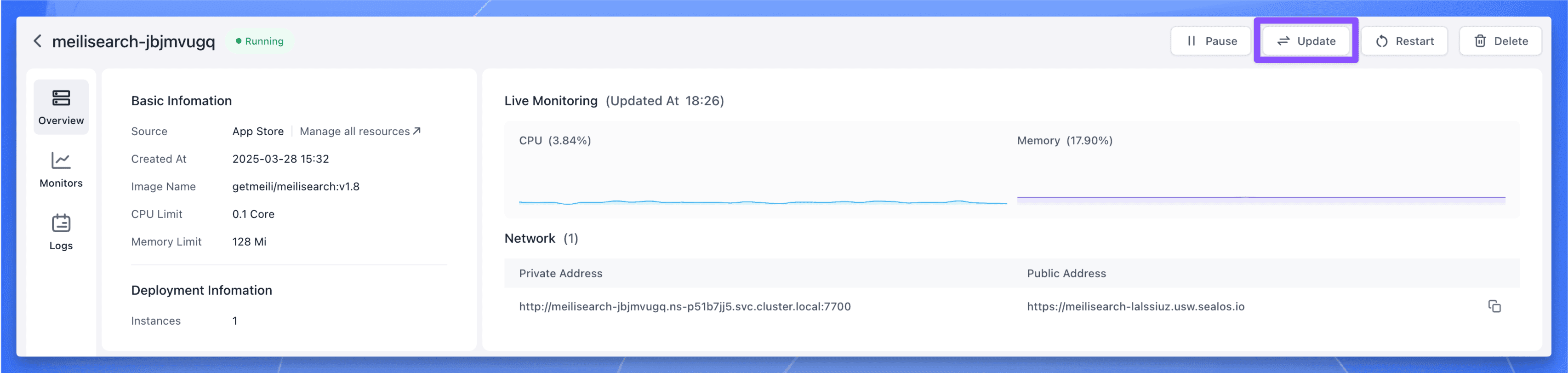 Meilisearch application details page on Sealos